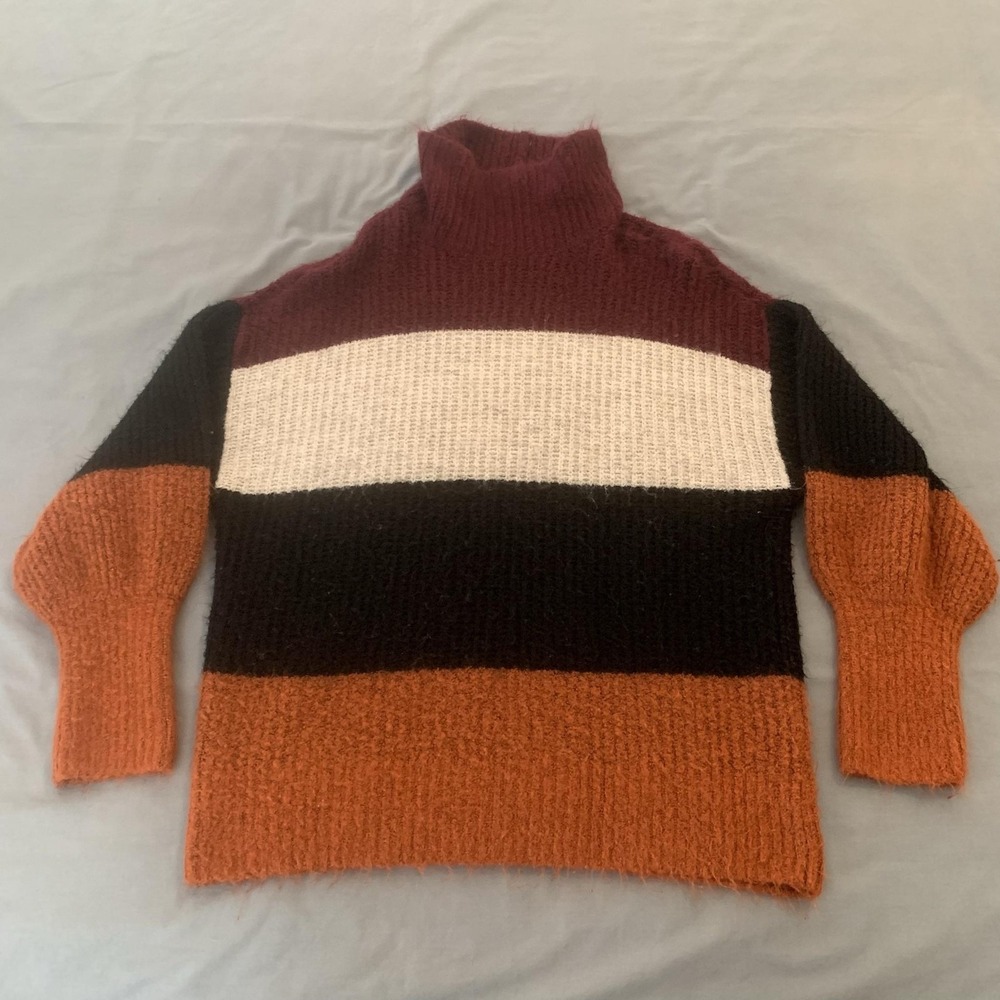 Turtleneck Sweater Womens Medium Multicolor Striped Fuzzy Chunky Knit Pullover